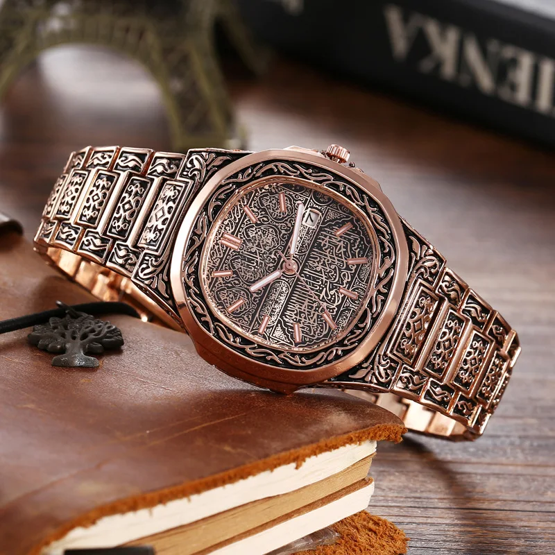 Fashion Relief Watch Men Vintage Bronze Watches Stainless Steel Band Auto Date Quartz Wristwatches Men Best Gifts Cheap Price