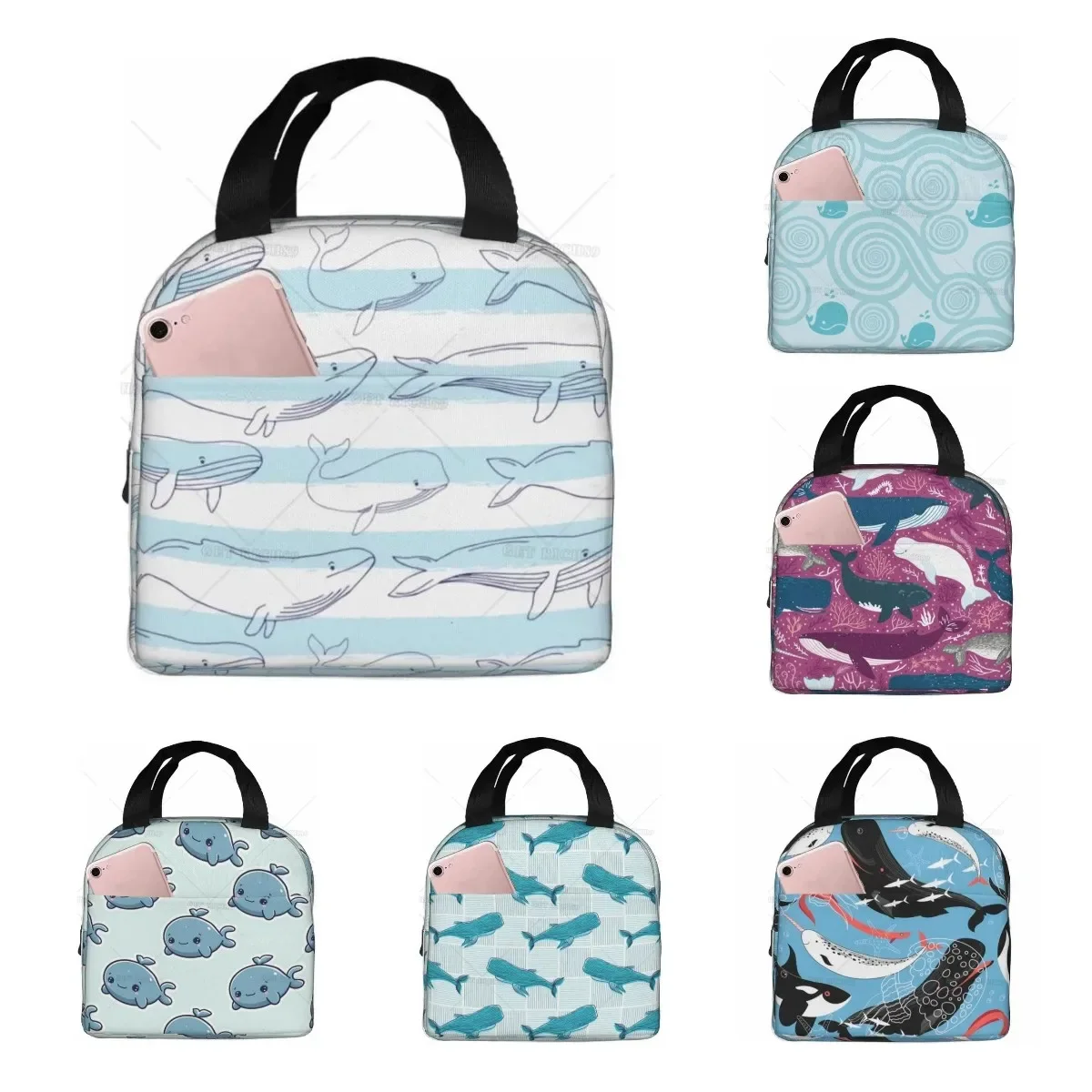 

Whale Pattern Insulated Lunch Bag Animal Reusable Portable Lunch Box Bags with Pocket for Women Men Trip Picnic Outdoors