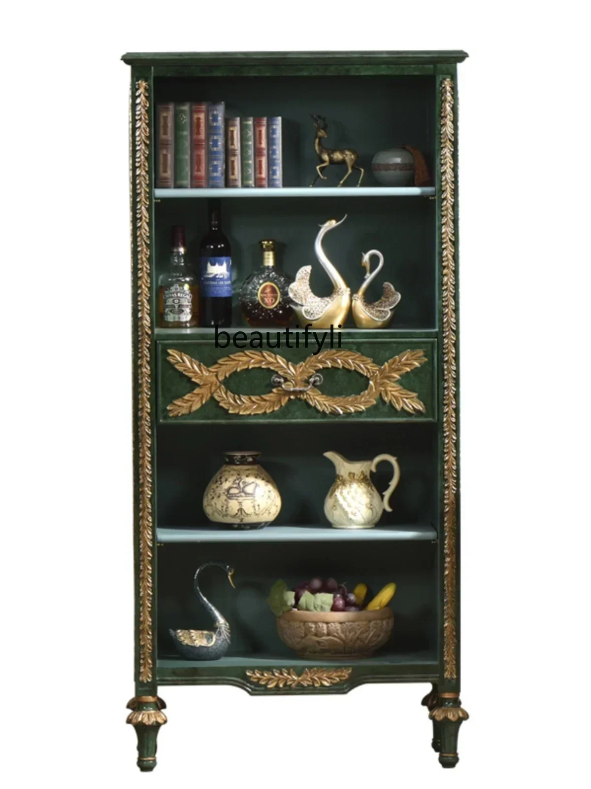 American Study Peacock Green Retro Storage Storage Curio Cabinet Multifunctional Bookcase Bookshelf