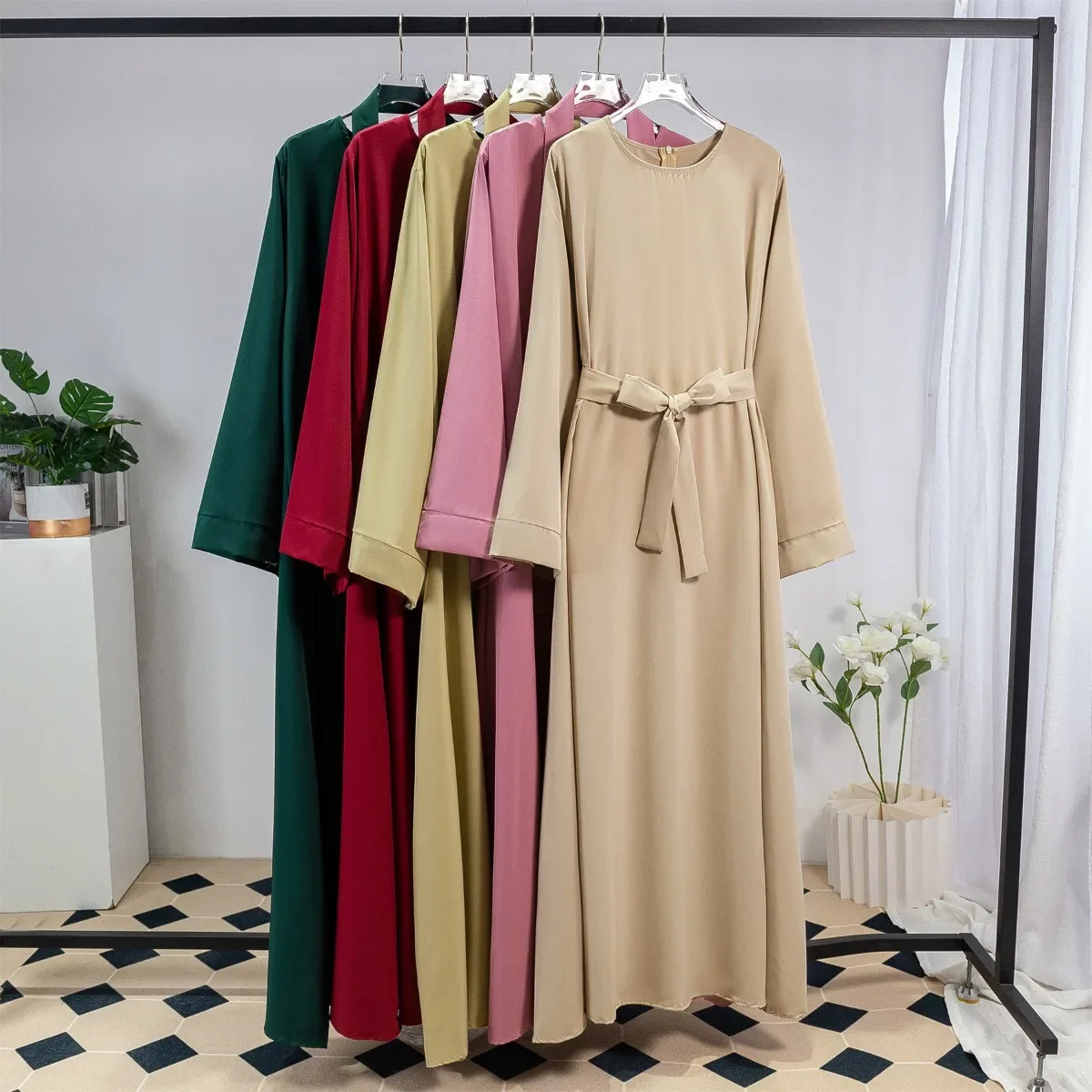 

Muslim Abayas Long Maxi Prayer Dress with Belt Women Kaftans Full Sleeve Islamic Clothing Women Jilbabs Ramadan Dresses