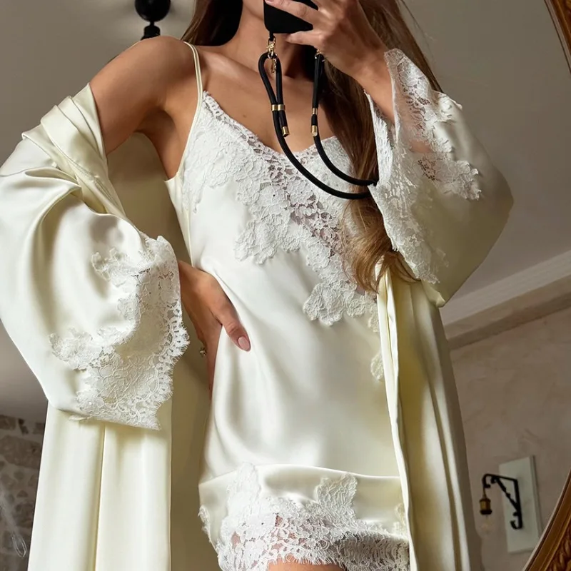 European and American Style Autumn Pajamas Light Luxury Satin Lace Outer Robe Halter Nightgown Two-piece Home Wear Comfort New