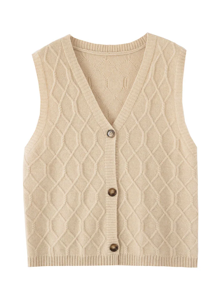 

Autumn Winter Women V-neck Cashmere Waistcoat Basic Thick Sleeveless Cardigan 100% Cashmere Knitted Sweater Vintage Style Tops