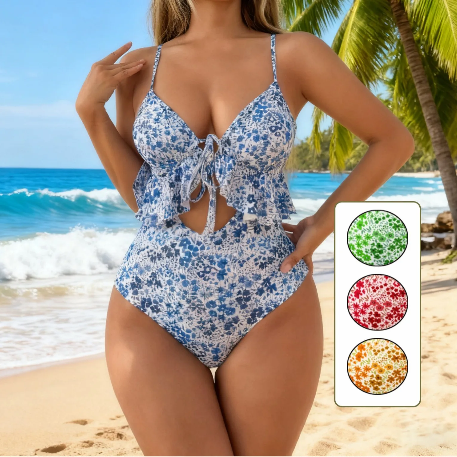 European and American Fashion New Small Floral One-piece Small Fresh Ruffle Edge Sexy Slim One-piece Swimsuit TK386