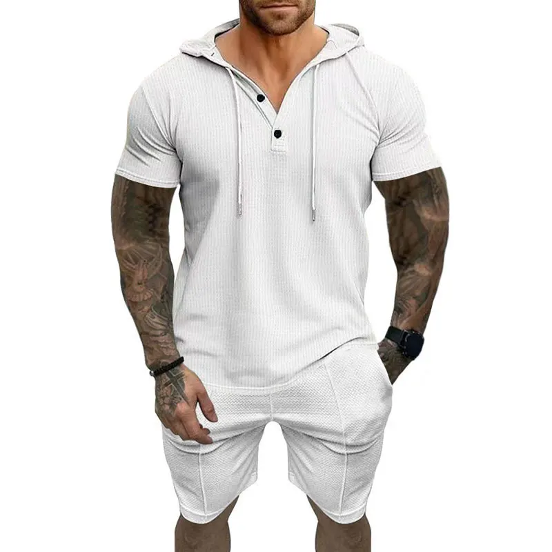 2024 Summer New Men's Short Sleeve Hooded Drawstring Button Screw Thread Stylish Loose Casual All-match Elastic Shorts Set