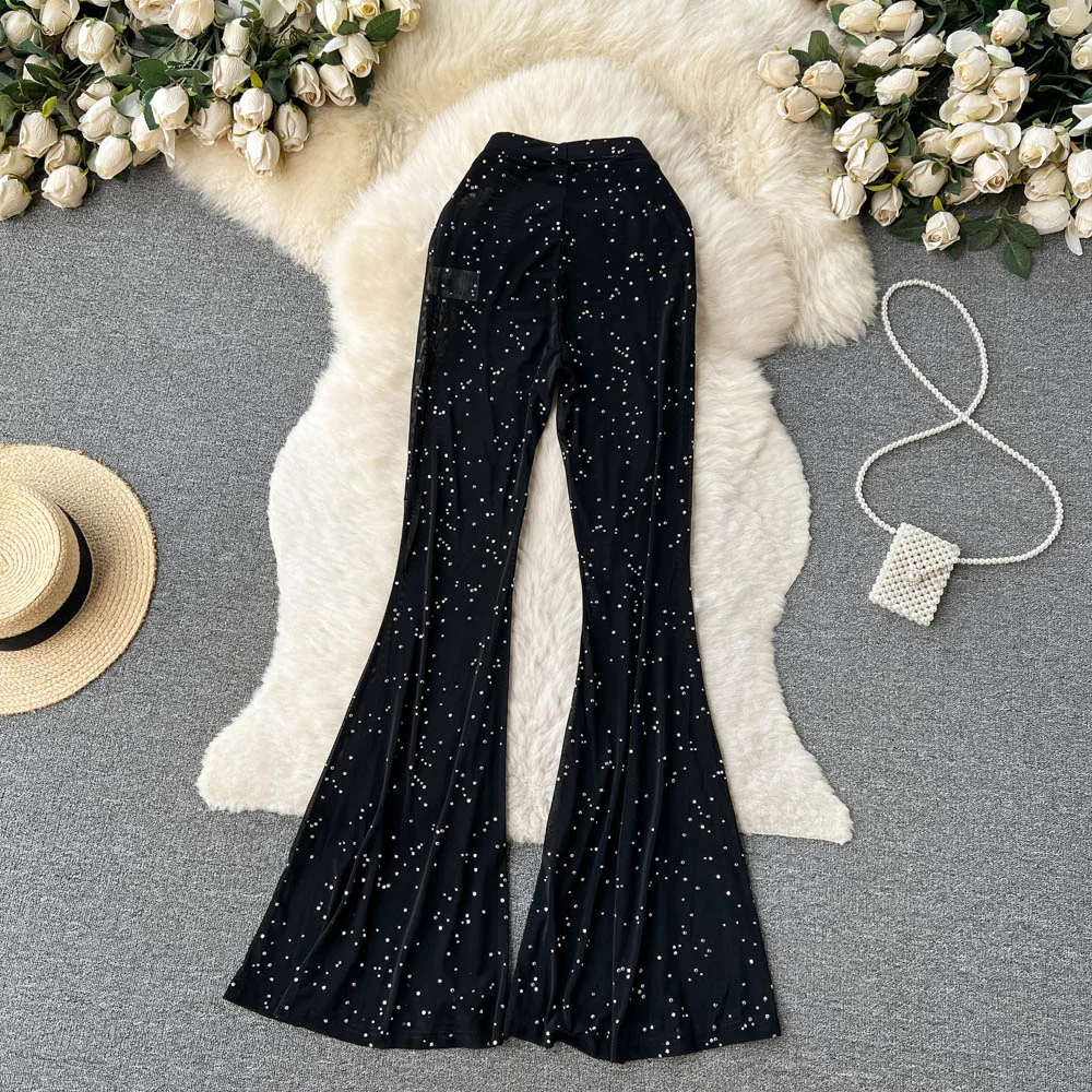 ssTss Summer Women Long Pants Fashion Black Dot High Elastic Waist Full Length Flare Pants Ultra Thin See Through Trousers