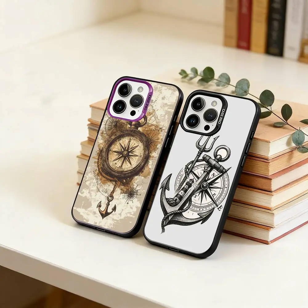 

Anchor Compass N-Nautical Sailor Phone Case For iPhone 17,16,15,14,13,12,11 Plus,Pro Max,XS,Colored Silver Plated Inside Cover