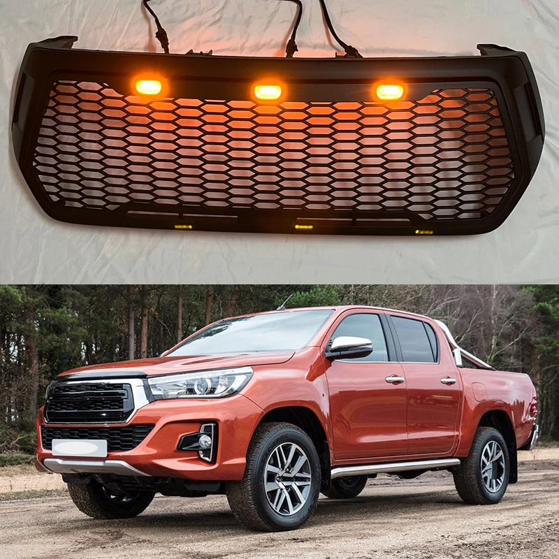 

Modified LED Car Grills For Hilux Revo Rocco GR 2018 2019 2020 Racing Grill Front Bumper Mesh Honeycomb Style Grille Trims