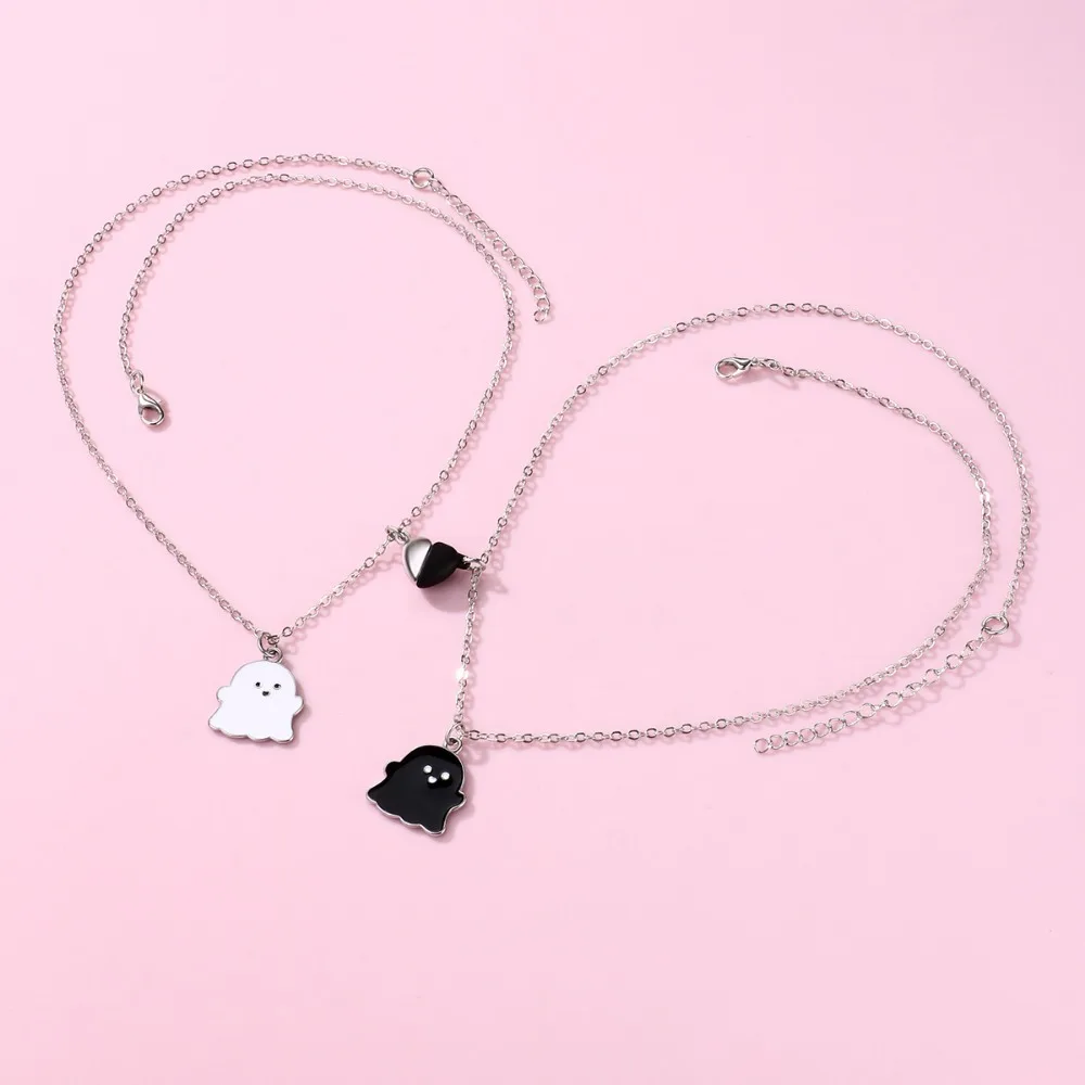 Lovecryst 2Pcs/set Cute Black and White Ghost Magnet Best Friend Necklace for Girls BFF Friendship Jewelry Gift