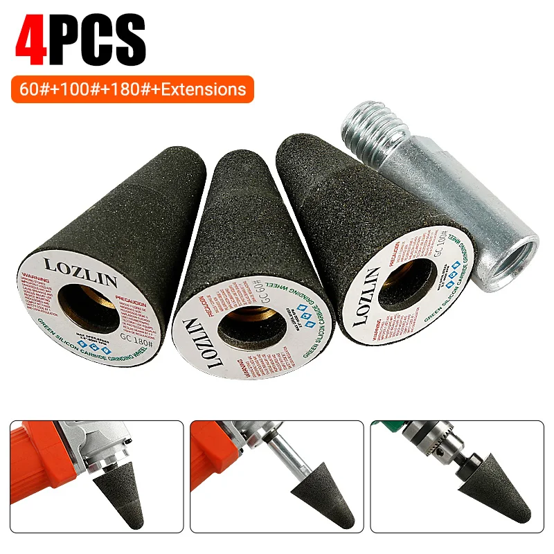 LOZLIN 4PCS 60/100/180 Grit Cone Shape Diamond Grinding Wheel Stone Grinding Head for Tile Trimming Chamfering Granite Marble