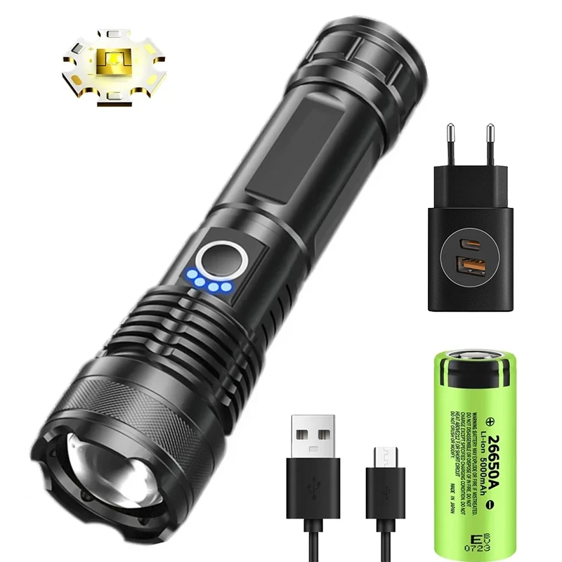 90000lm High Power Xhp50 Led Zaklamp Oplaadbare Zaklamp Zoom Usb Hand Lantaarn Camping Buiten Waterdicht Noodgeval