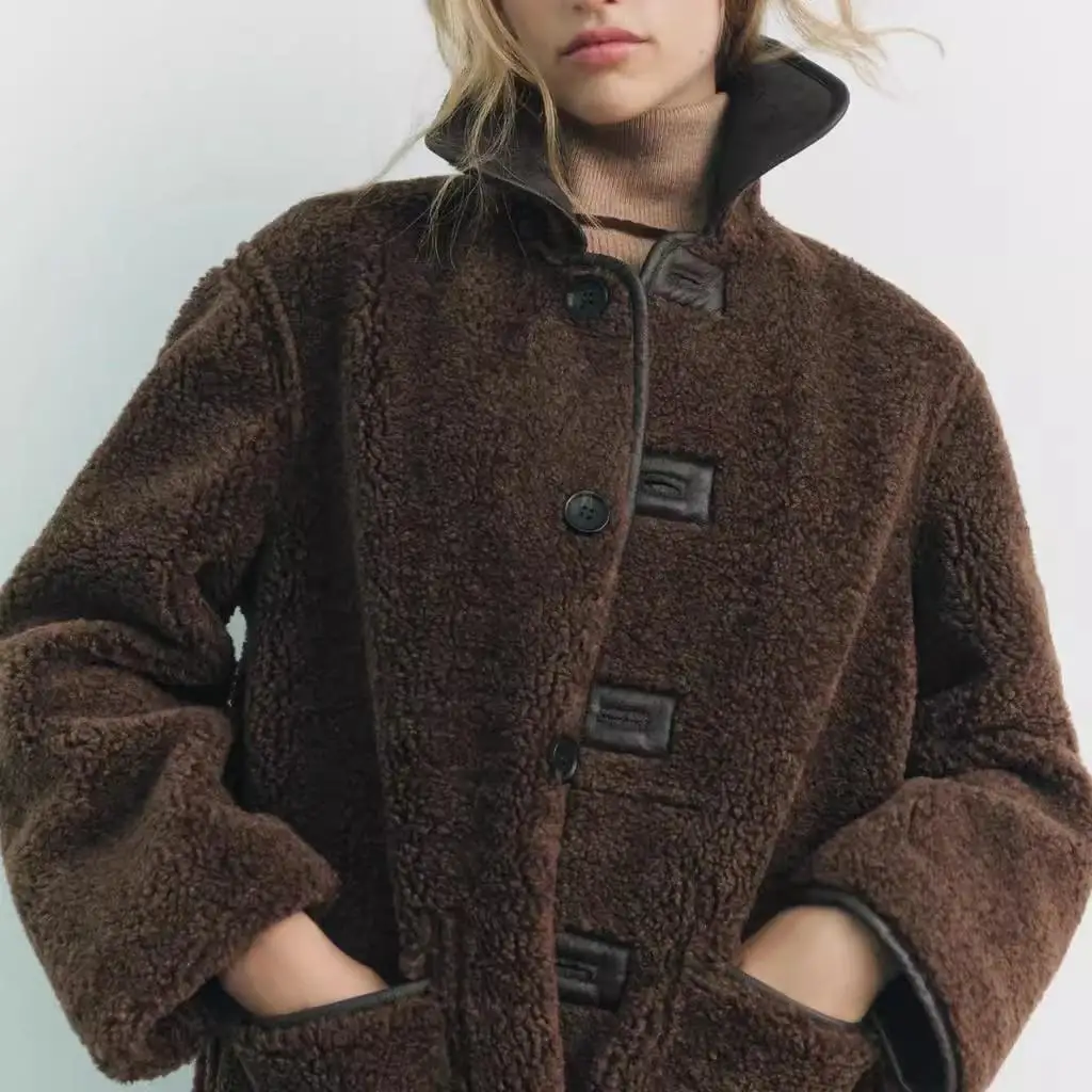 Abrigo de cuero de doble cara para mujer, moda Otoño Invierno, abrigo ueso de manga larga con cierre de botones, Color puro...