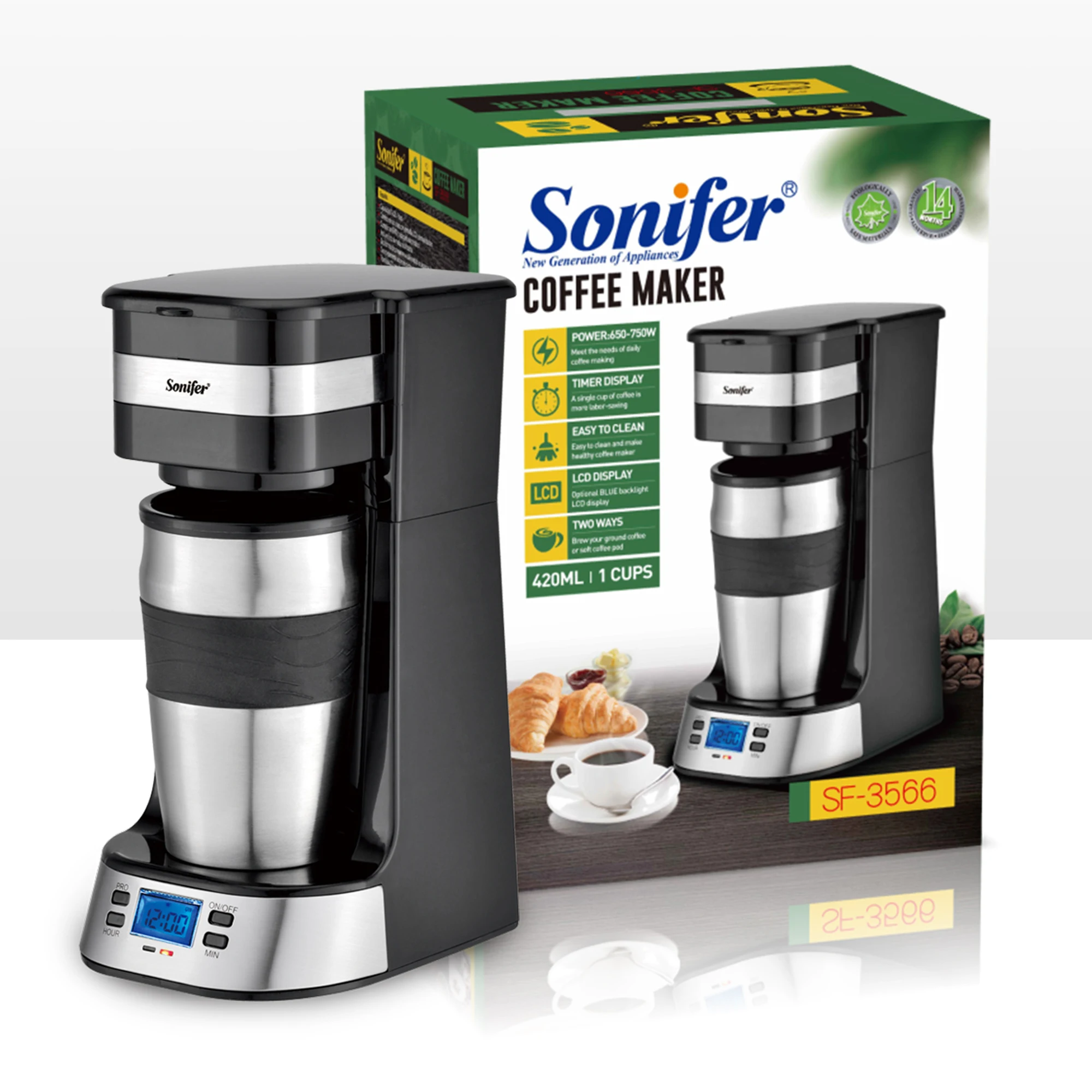 Sonifer-cafetera de goteo con filtro LCD y temporizador, máquina de café doméstica de 750W, taza de automóvil de 15cm, 0,42 L