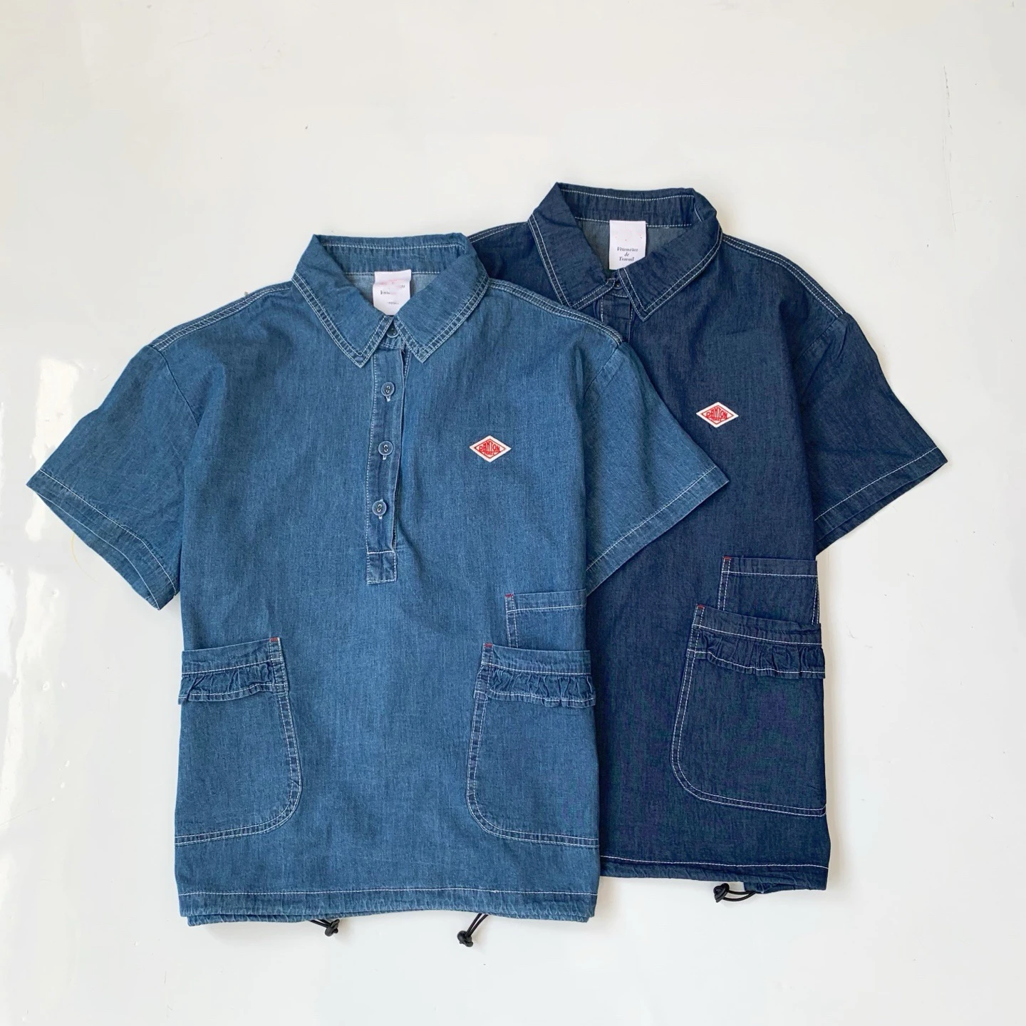 

Japanese Style Loose Fit Cotton Denim Short Sleeve T-Shirt Shirt with Multiple Pockets Summer Collection Turn down Collar