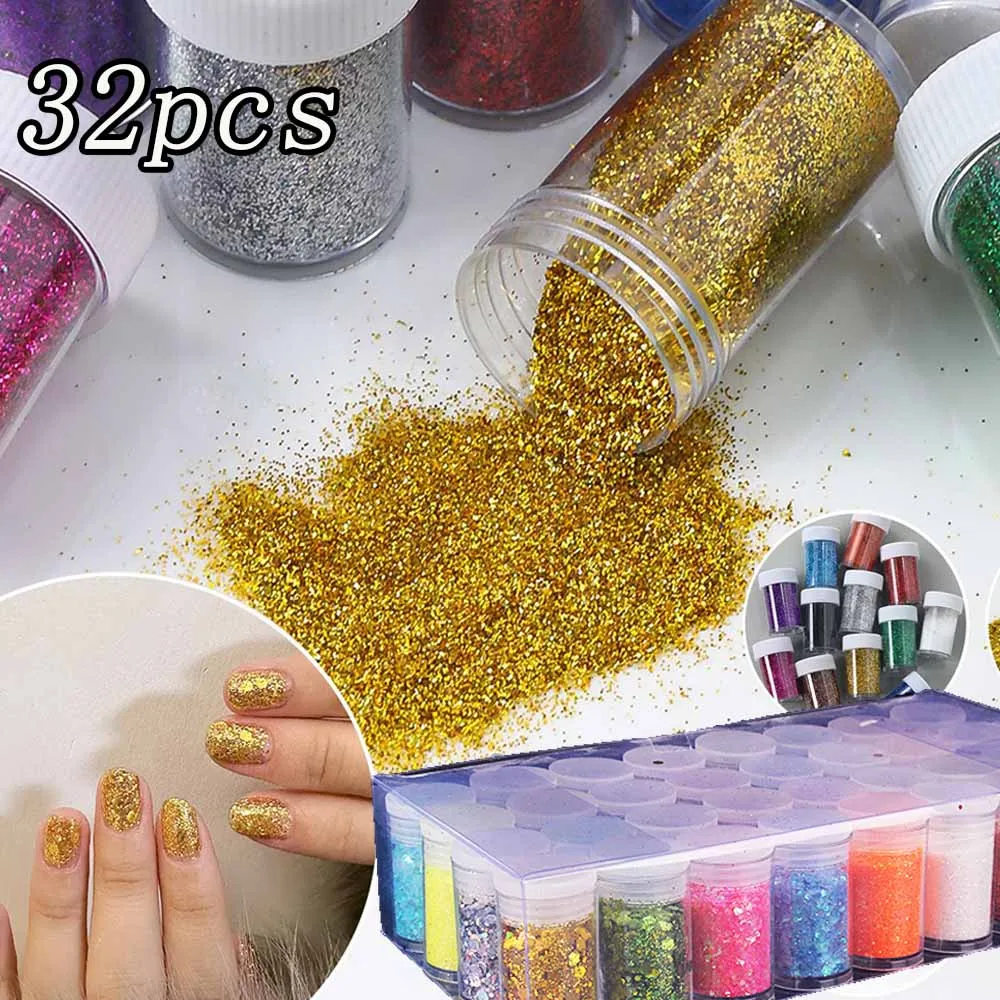 

32Colors Holographic Chunky Glitter Nail Powder Shiny NManicure Craft Glitter for Nails Body, Christmas Halloween Sequins Flakes