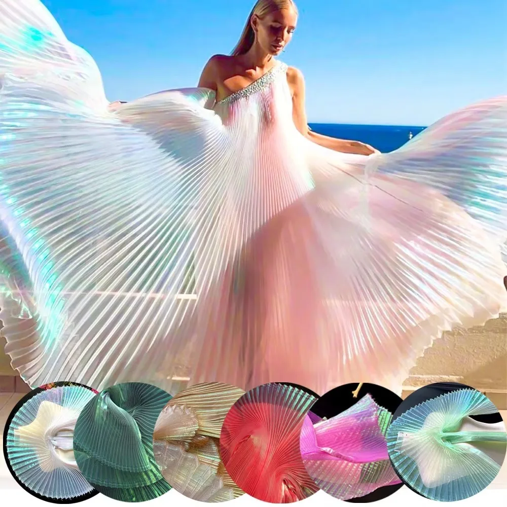 Creative Shiny Pleated Organza Fabric Rainbow Mermaid Handmade Cloth Fabric 100*150cm DIY Material Sewing Girls Skirt Dress