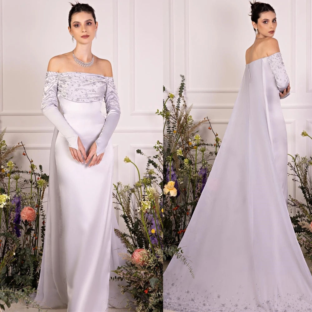 

Customized Graceful Boat Neck Evening Dress Exquisite Court Train Prom Dresses Temperament Appliques Special Occasion Gowns