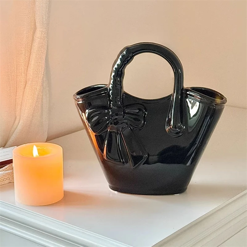 Bow Embossed Ceramic Handbag Vase Elegant Sculpted Flower Basket Centerpiece For Home Table Decor Chic For Her Birthday Gift