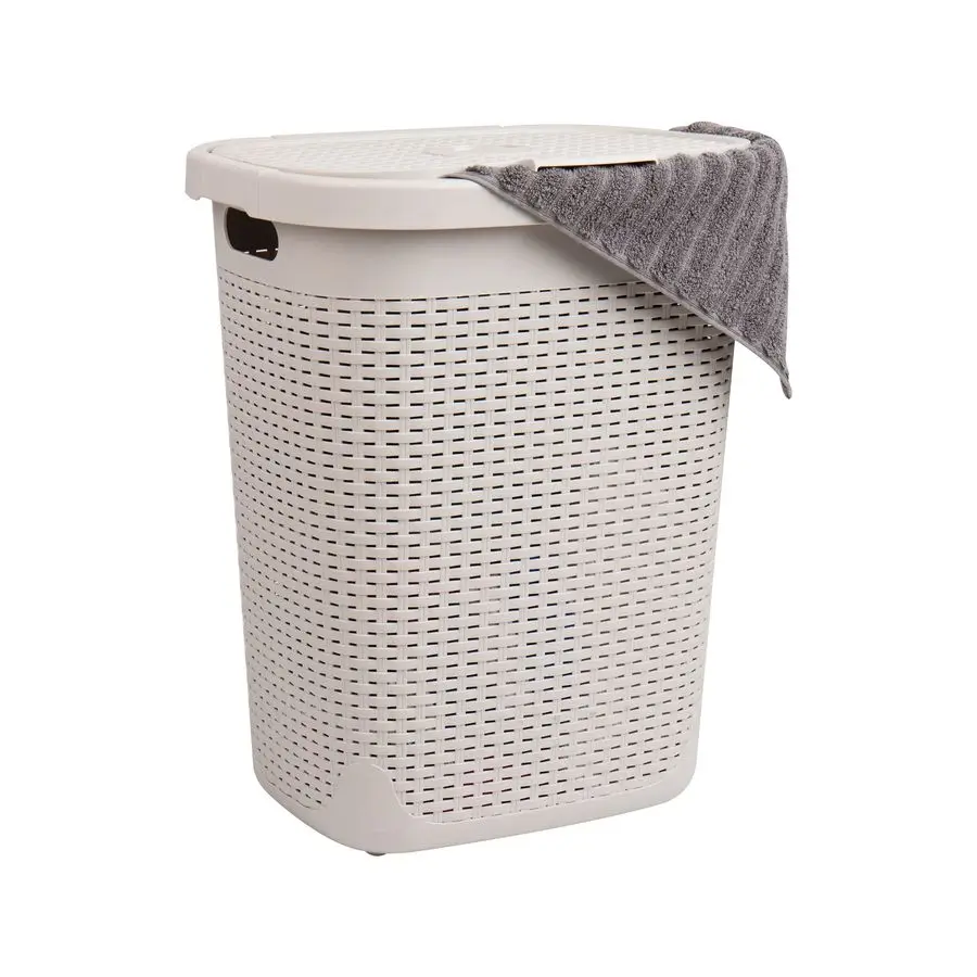 

Slim Laundry Hamper with Lid, 50L Clothes Basket, Premium Wicker Design, Plastic, Ivory