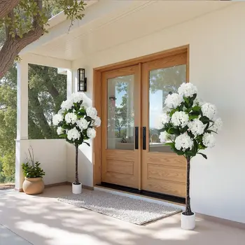 Artificial Hydrangea Trees 5 ft - Large Faux Plants Indoor Outdoor, White Tall Planter for Home Garden, Front Decor