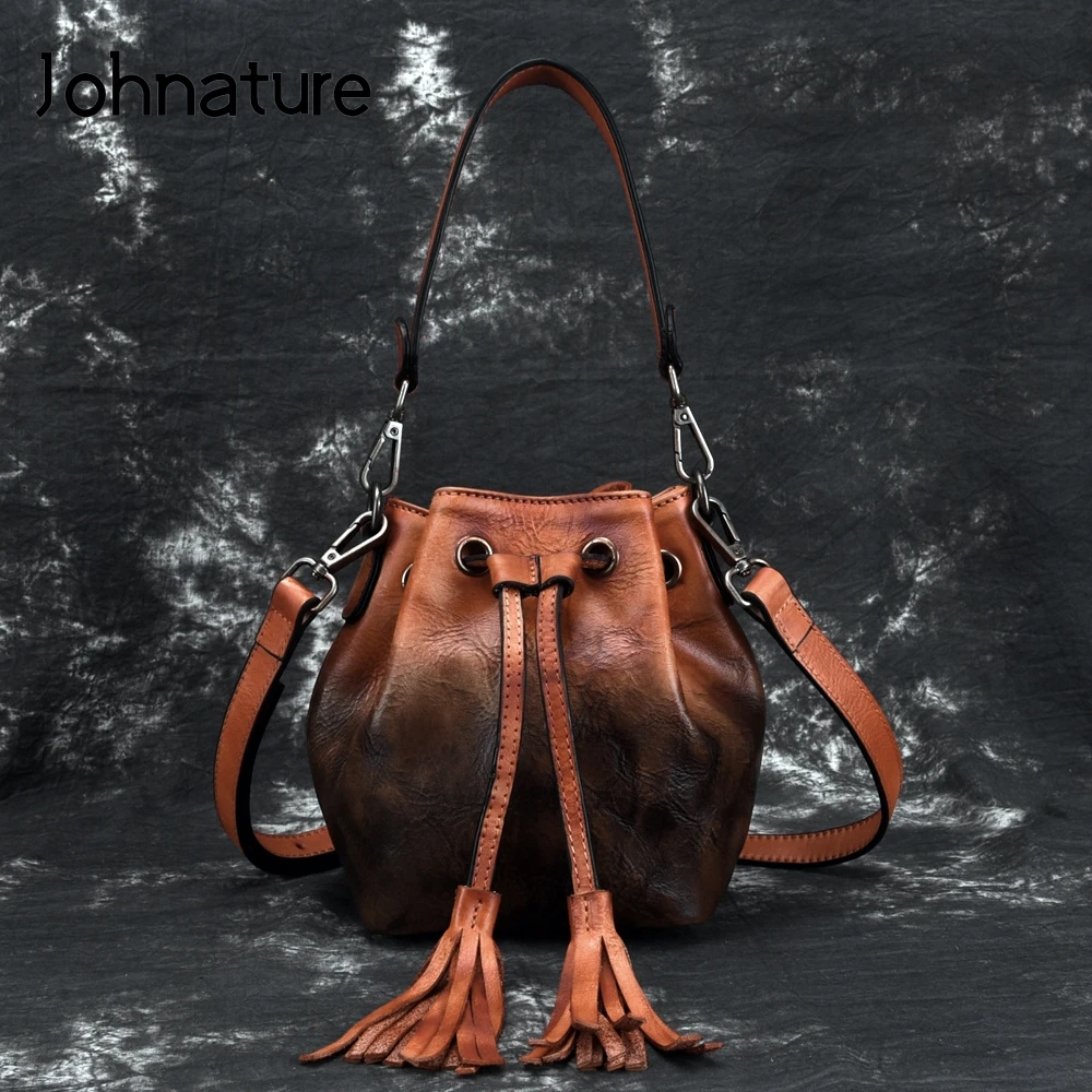 Johnature 2024 New Vintage Cowhide Multifunctional Women Small Bag Fashion Bucket Genuine Leather Tassel Shoulder&crossbody Bags