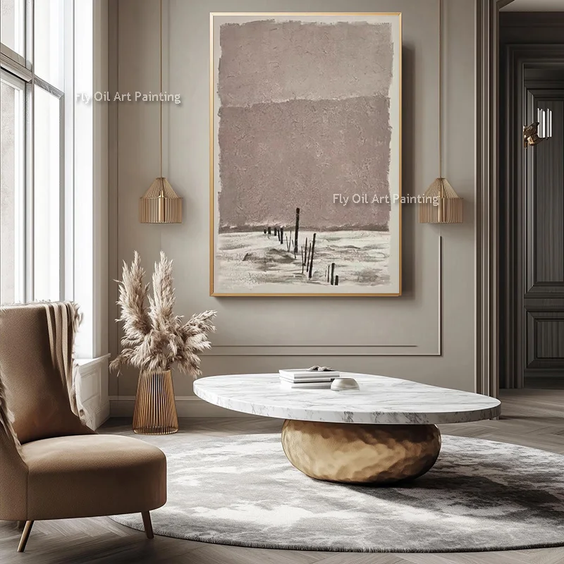 Handpainted Beige Purple Abstract Landscape Oil Painting New Special Design Black And Beige Canvas Artwork For Home Hall Decor