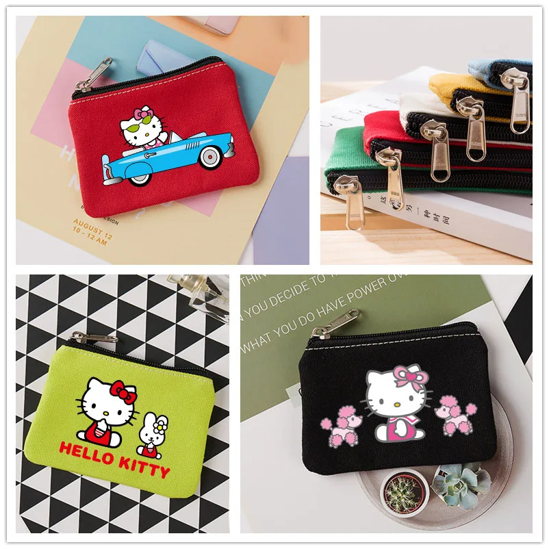 Cartoon Hello Kitty Cute Zipper Canvas Bag Coin Purse Card Holder Headphone Bags Storage Key Photo Card Case Girls Birthday Gift