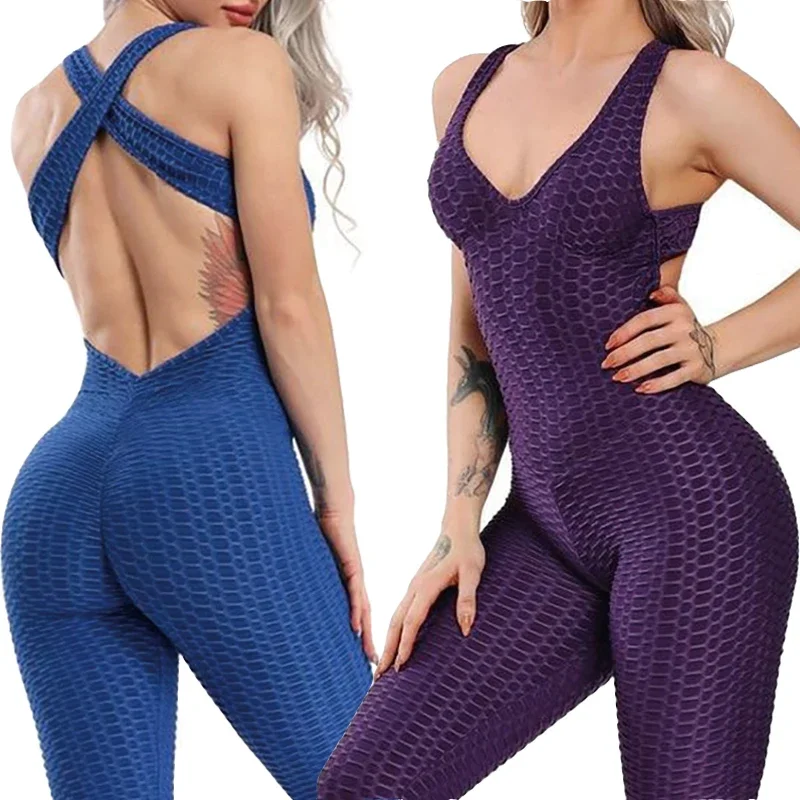 Women Halter One Piece Workout Jumpsuit Plain Backless V Neck Tight Bodysuit for Sports Butt Lift Anti Cellulite Legging Fitness