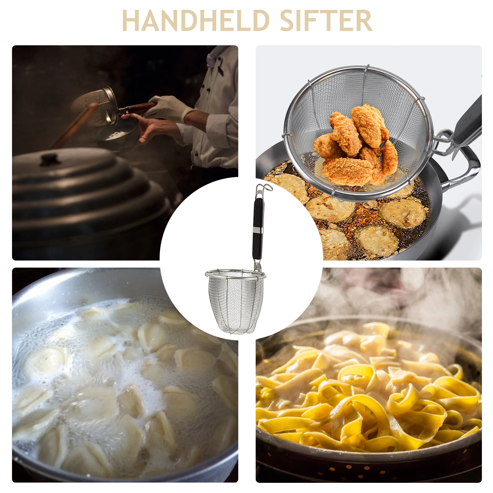 

Kitchen Noodle Sifter Basket Stainless Steel Strainer Handle Square Wooden Pasta Cookware Tool Heat Resistant Oil Splatter