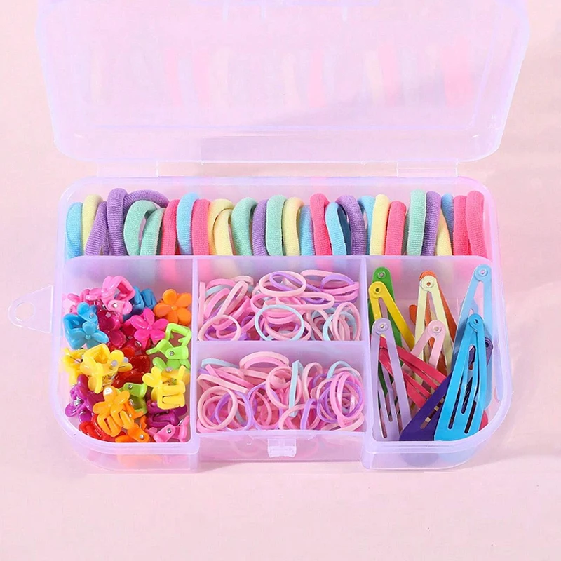 210Pcs Girls Hair Accessories Set Boxed Hair Ties Children Ponytail Holder Rubber Band Kids Small Claw Clips Colorful Hairpins