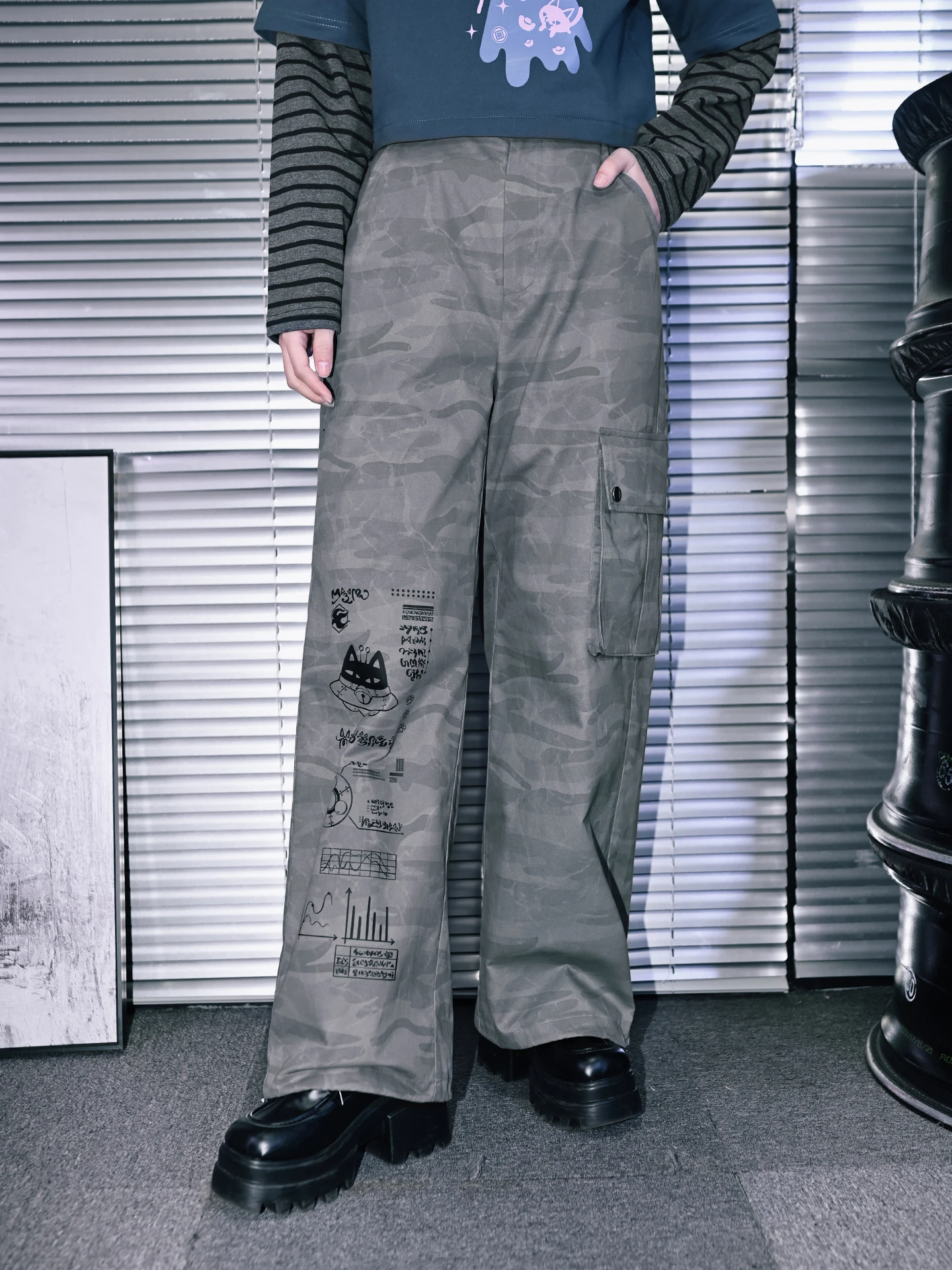 

Винтажные широкие брюки с принтом для женщин, свободные повседневные камуфляжные рабочие брюки в стиле ретро, с высокой талией, на молнии, из хлопка