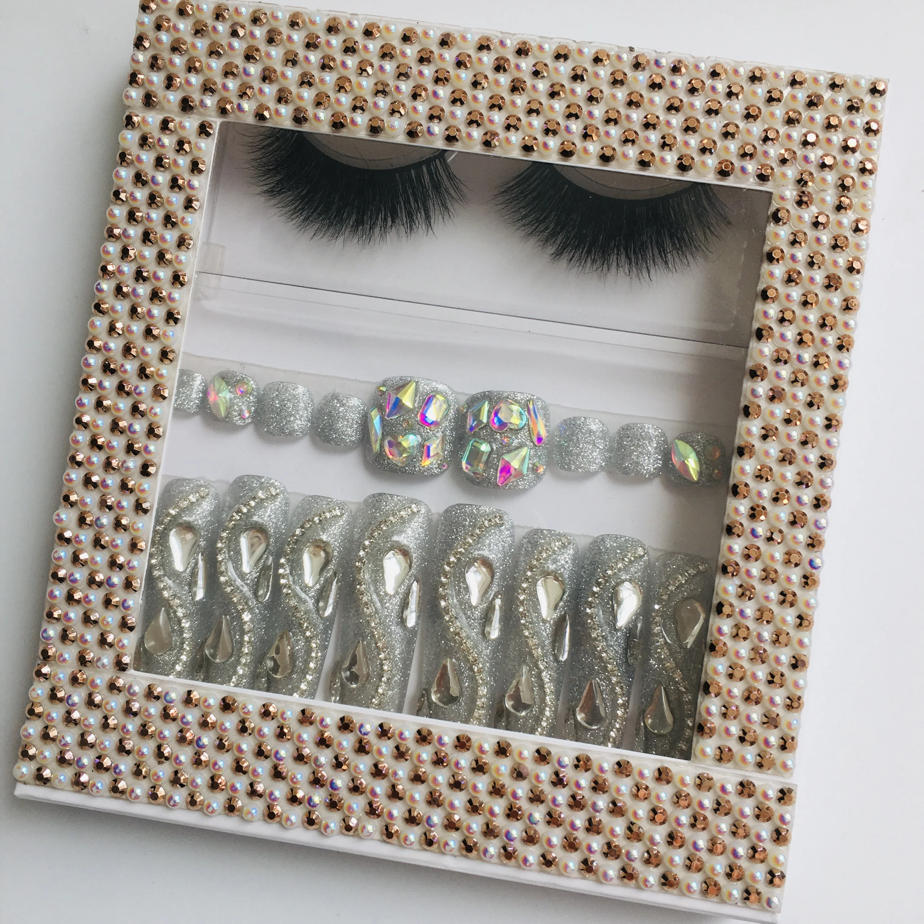 New Fashion Bling Rhinestone False Nails With Lash Set Removable Press On Nails Bling Press On Nails