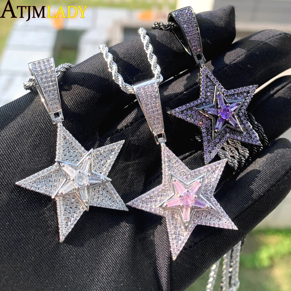 Rotatable Five Point Star Pendants Iced Out Bling Cubic Zirconia Multi Layers Spinning Charm Necklace Hip Hop Cool Jewelry