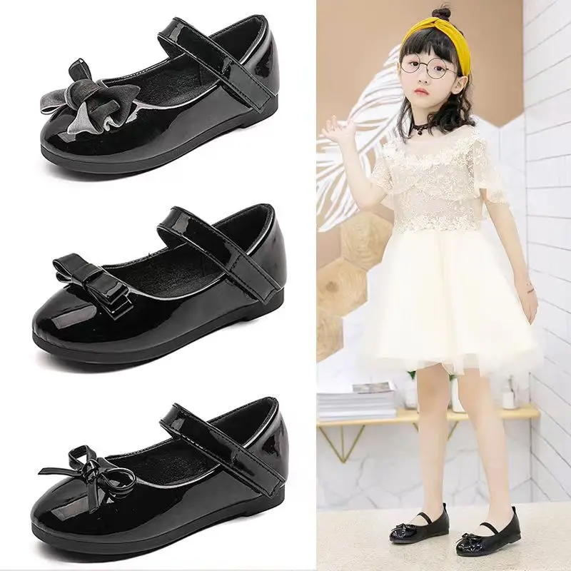

2-12years old Kids Shoes Childrens Princess Shoes Spring Autumn Girls Bowknot Flat Pu leather shoes black girls chaussure fille