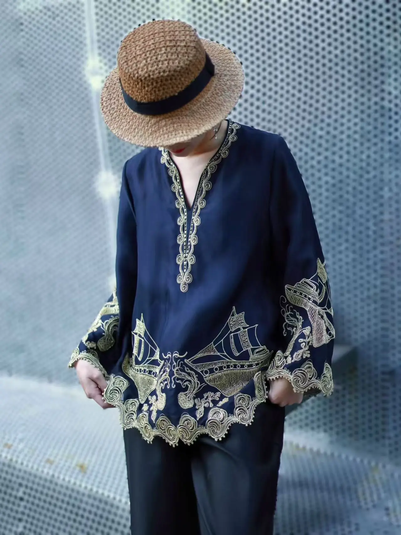 High End Silk Blouse for Women's Spring Summer Flowers New Loose Embroidery Sunscreen Top S-XL