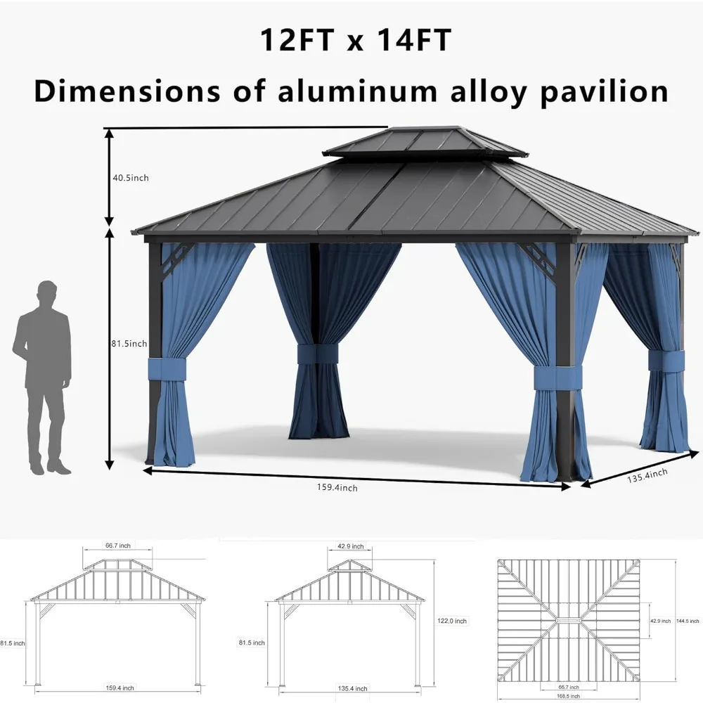 Gazebo con tapa dura de 12x14 pies, techo doble, pabellón exterior con tienda de campaña de jardín con estructura de hierro galvanizado con tapa dura de 2 capas, adecuada para cubiertas