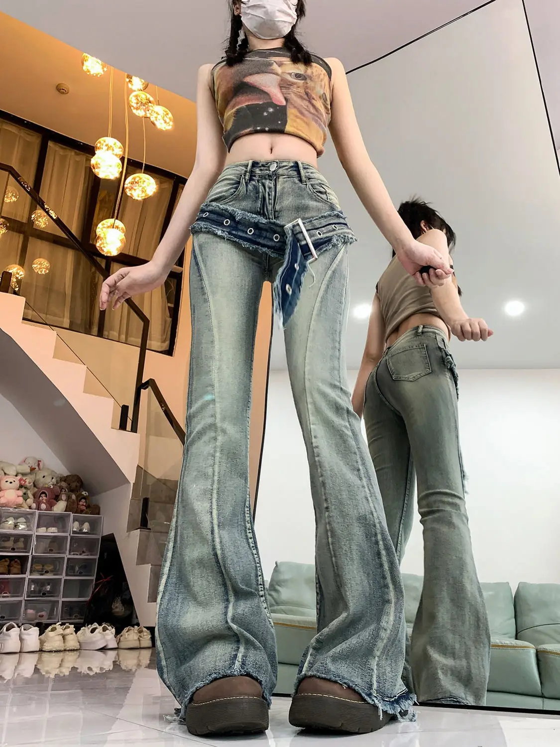 Calça feminina de cintura alta com fundo de sino, calça simples, selvedge áspero, moda e vintage, rua americana, nova, primavera, 2022