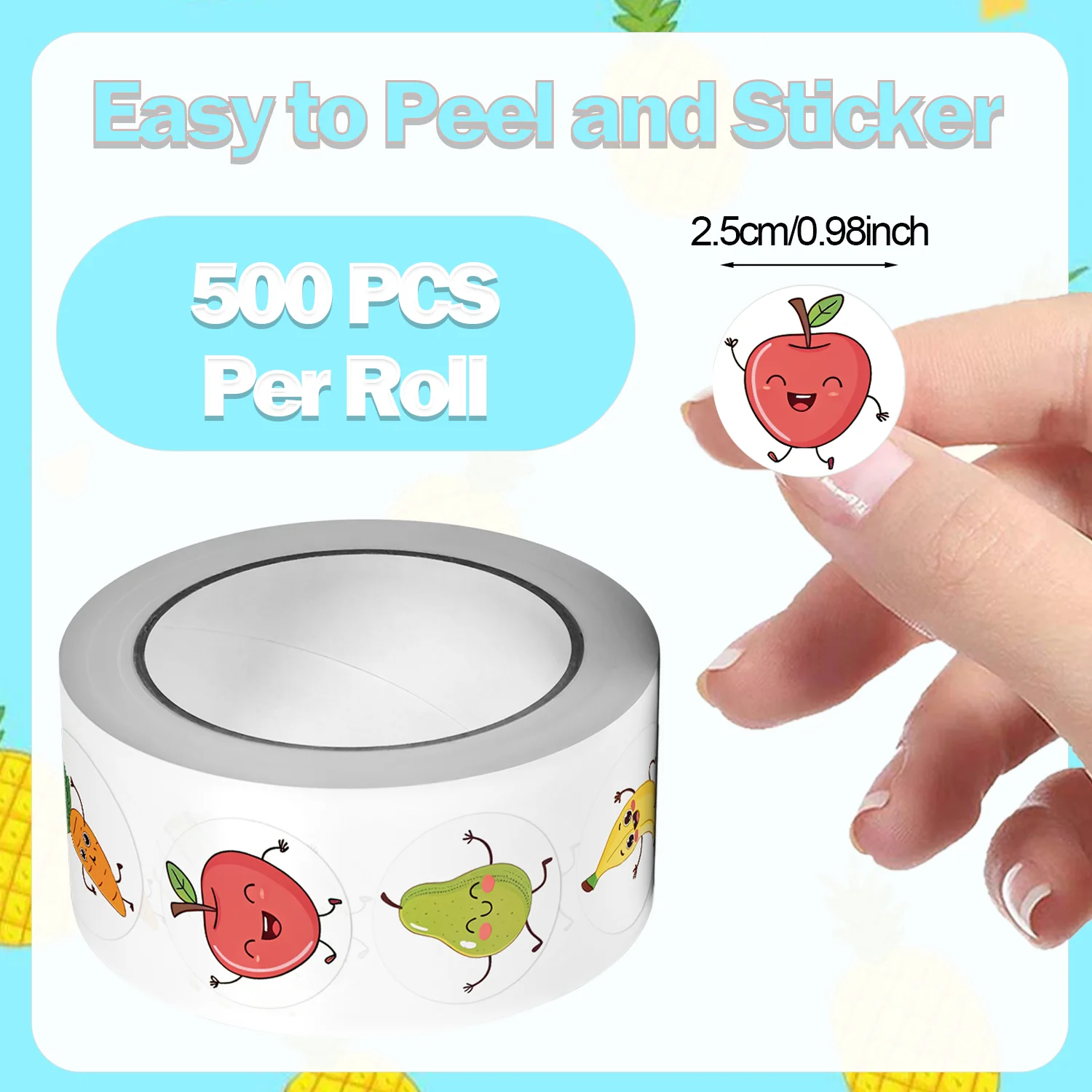 1 لفة (500 قطعة) ملصقات الرقص الفواكه السعيدة 2.5 سنتيمتر/1.0 بوصة 8 تصاميم الشارات لتقوم بها بنفسك تزين الهدايا مناسبة لملصق تعبئة الهدايا المختلفة