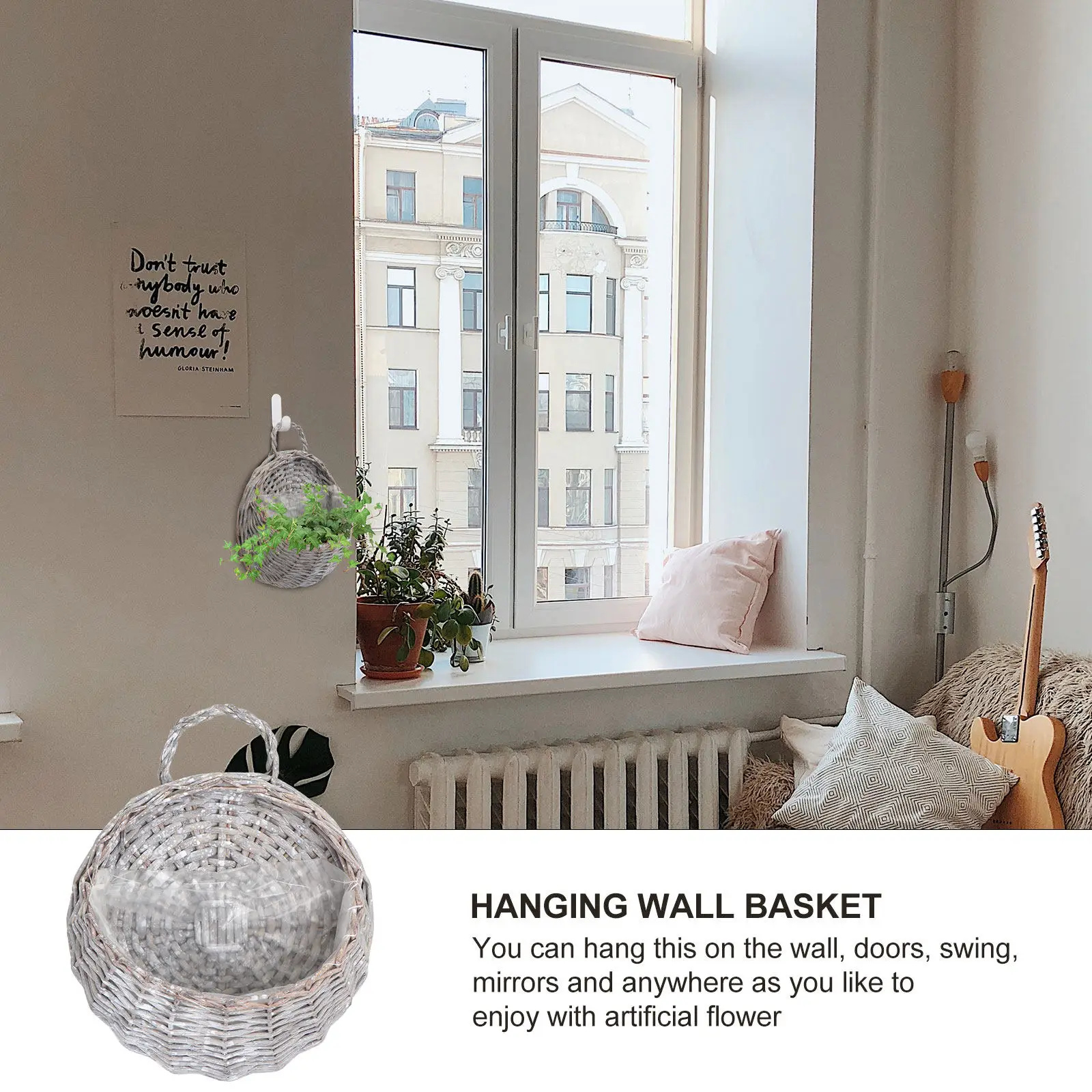 2Pcs Straw Willow Wicker Hanging Basket Rustic Rattan Hanging Wall Basket for Artificial Flowers Home Garden Decor Grey