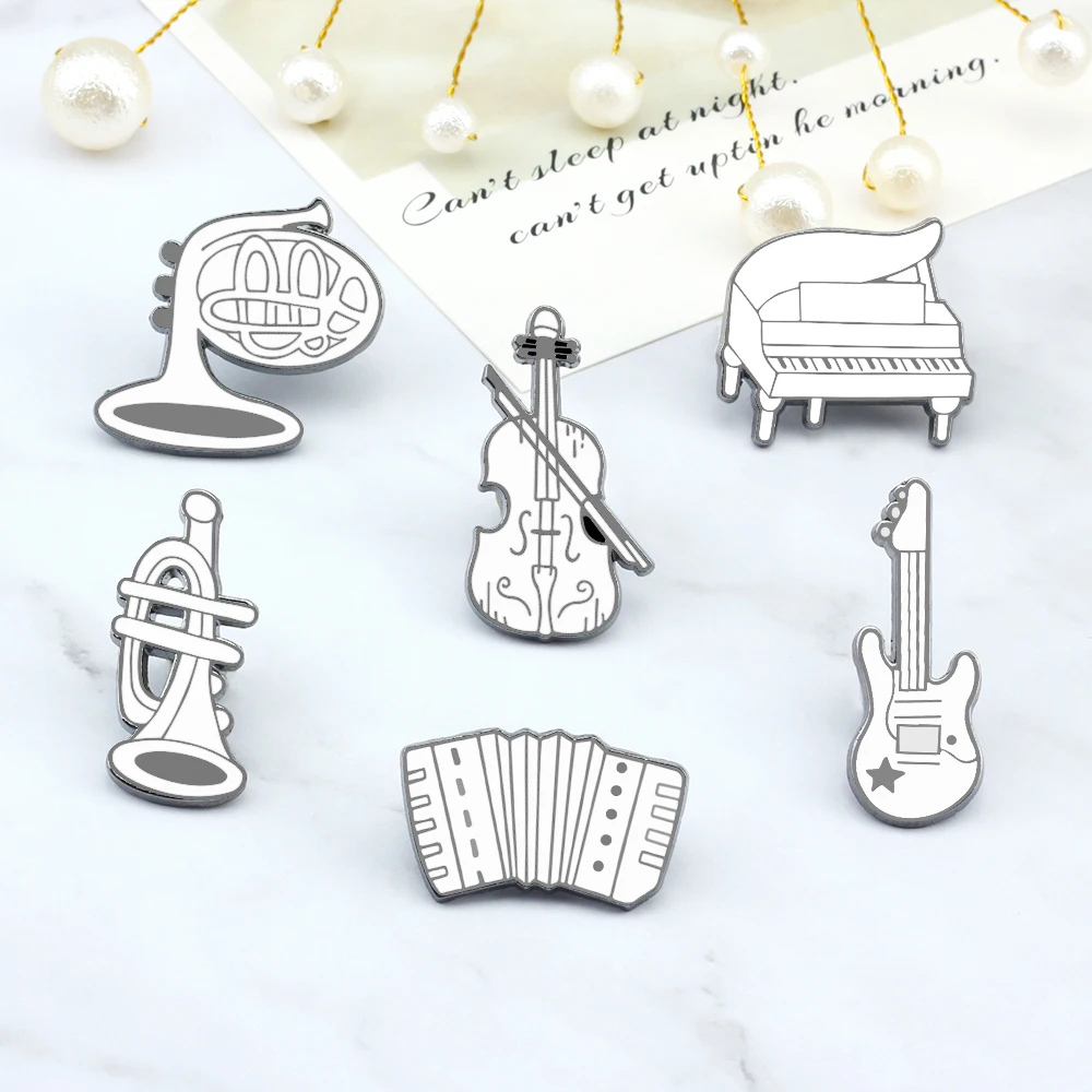 Creative Musical Instruments Enamel Pins Guitar Piano Violin Brooch White Cute Bag Clothes Badges Jewelry Student Musician Gifts