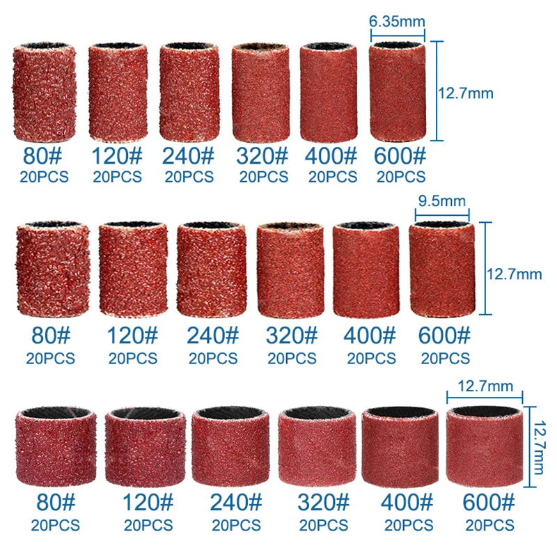 384Pcs Sanding Band with Rod Kit 80# 120# 240# 320# 400# 600# Grit Sandpaper Roll For Rotary Tool Polishing Power Tool Parts