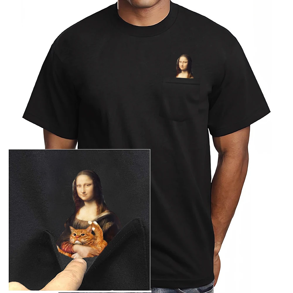 تي شيرت قطني قصير الأكمام للنساء ، مونا ليزا ، قطط حيوانات ، إصبع متوسط ، جيب مطبوع ، طلاء مضحك ، ملابس نسائية