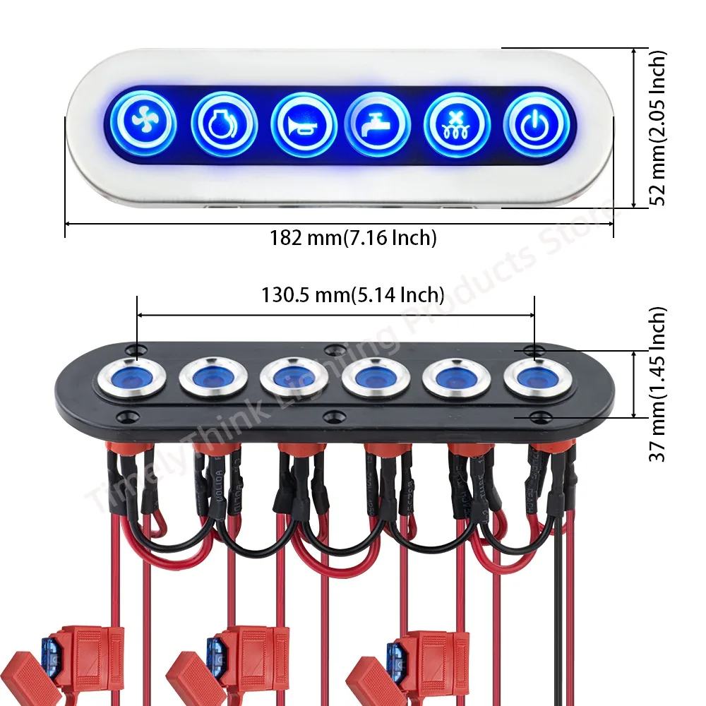 Waterproof Stainless Steel Switch Panel 6 Gang 12V Boat Marine Push Button Switch