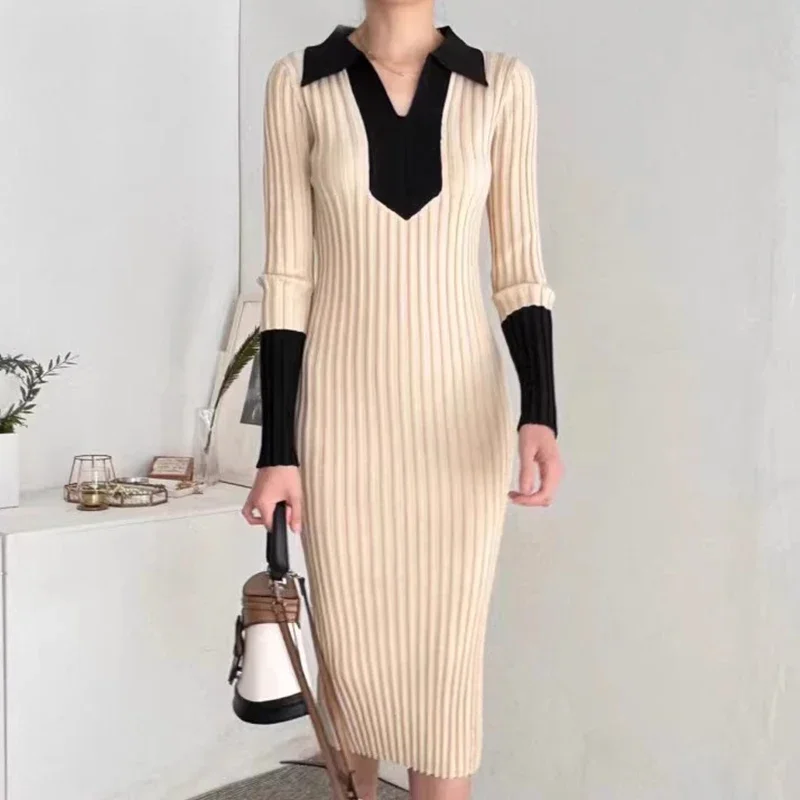 Korea Chic Autumn Winter Retro Vestidos 2024 Temperament Lapel Contrast Slim Slim Pit Long Sleeve Knit Sweater Dress Woman