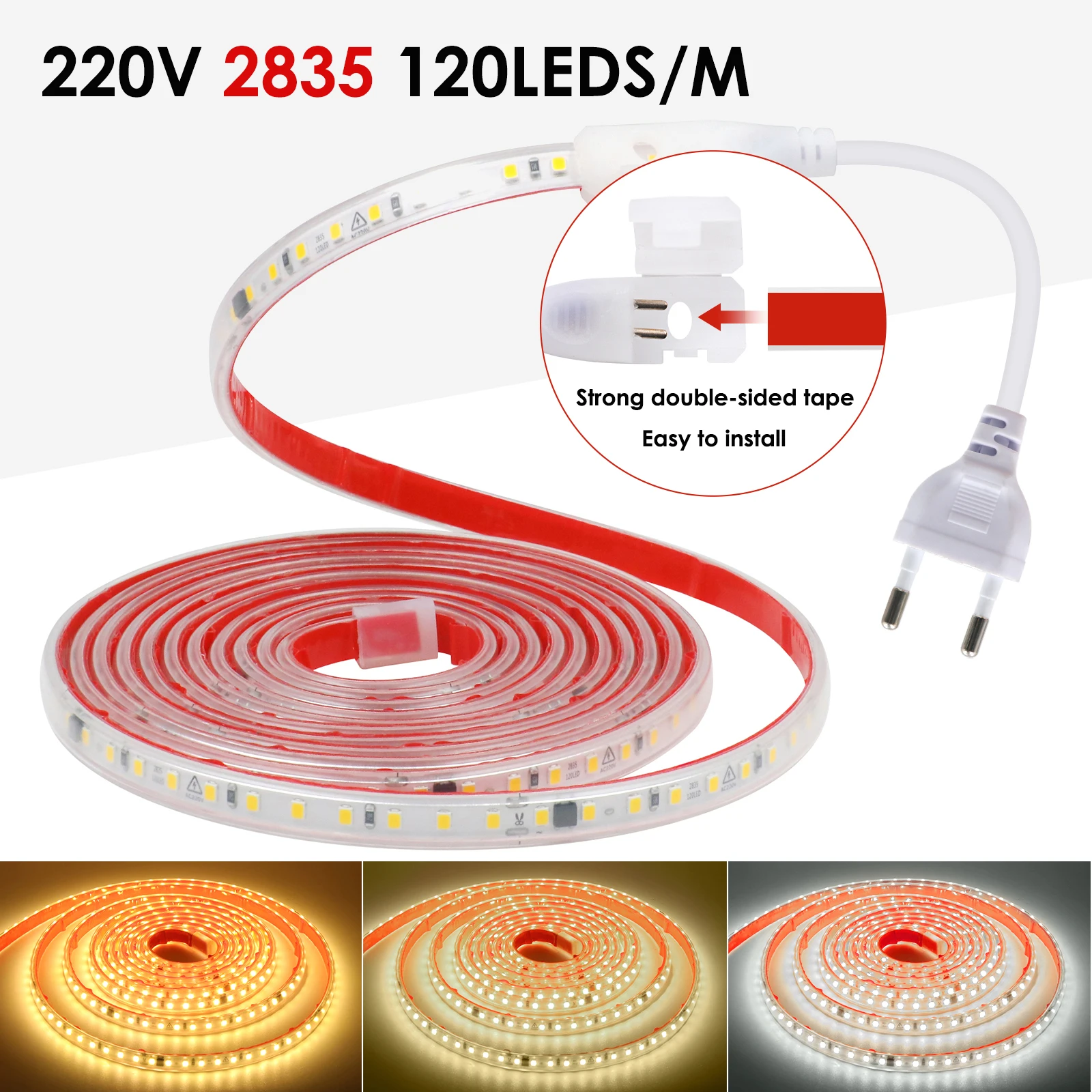 220V LED Strip EU Plug SMD 2835 Adhesive IP65 Waterproof 120LEDs/m Flex LED Light Tape with IC Rectification 3000K 4000K 6000K