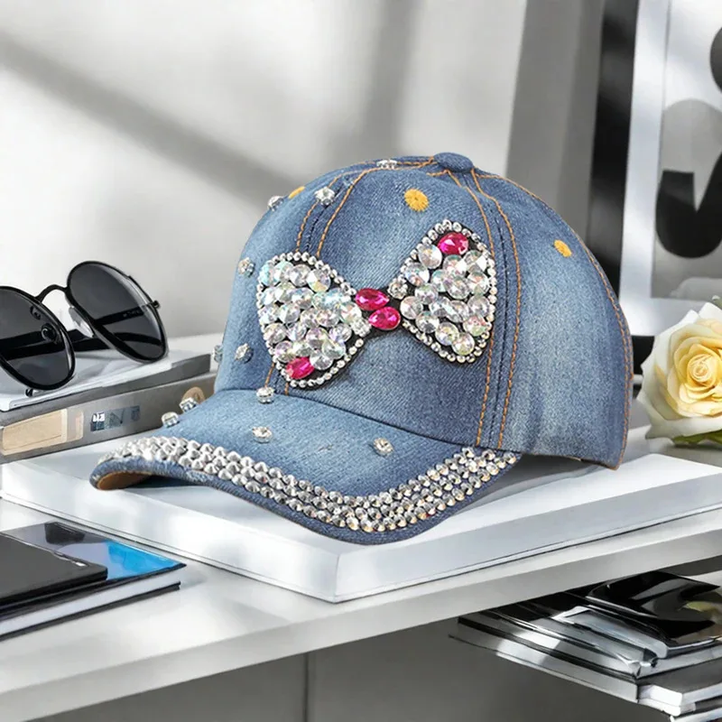 Strass arco denim boné de beisebol moda feminina bling cristal decoração ajustável jean chapéu casual streetwear festa headwear azul