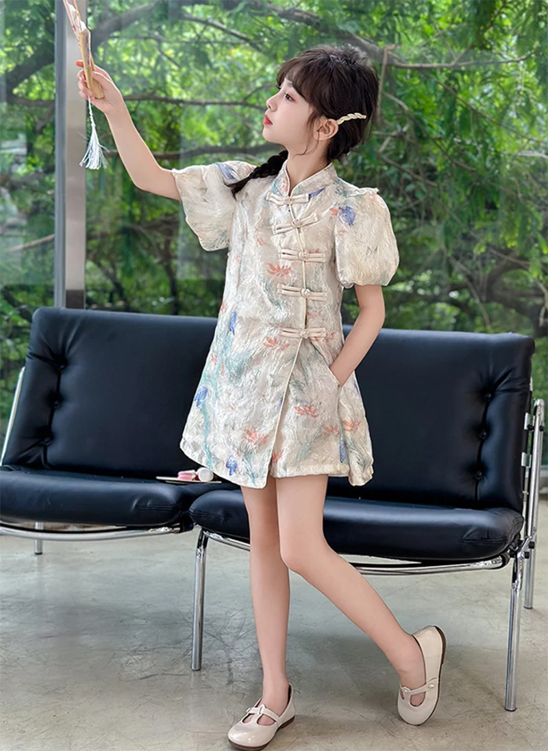 Novo verão retro estilo estrangeiro vestido de princesa estilo chinês roupas tradicionais meninas cheongsam saia elgant qipao