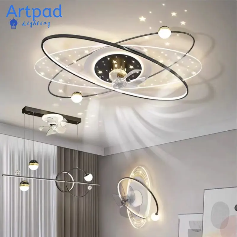 Living Room Ceiling Fan Light Led Shak Head Electric Fan Pendant Lamp Stars Sky Bedroom Intelligent Remote Control Pendan Fans