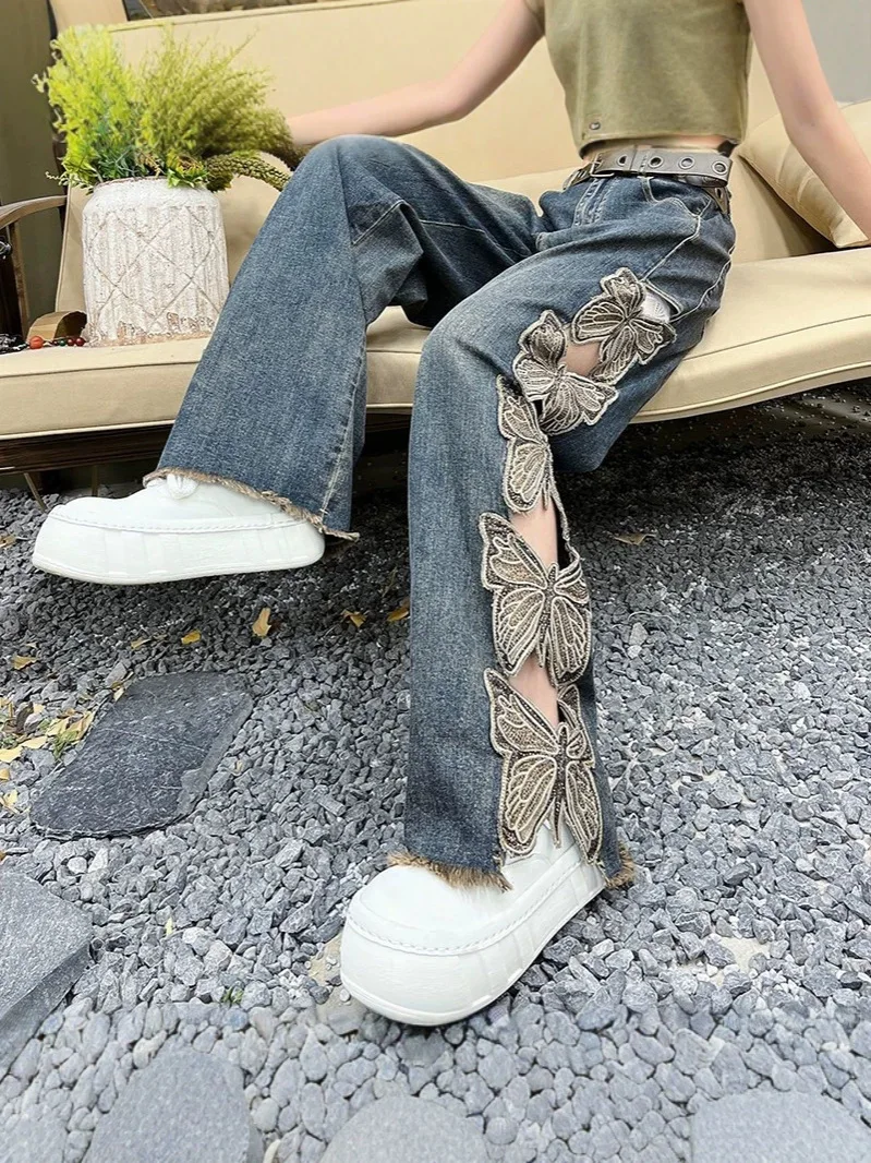 Women Butterfly Embroidered Hollowed Out Jeans European Summer Fashion Retro High Street Female Wide Leg Ripped Denim Pants