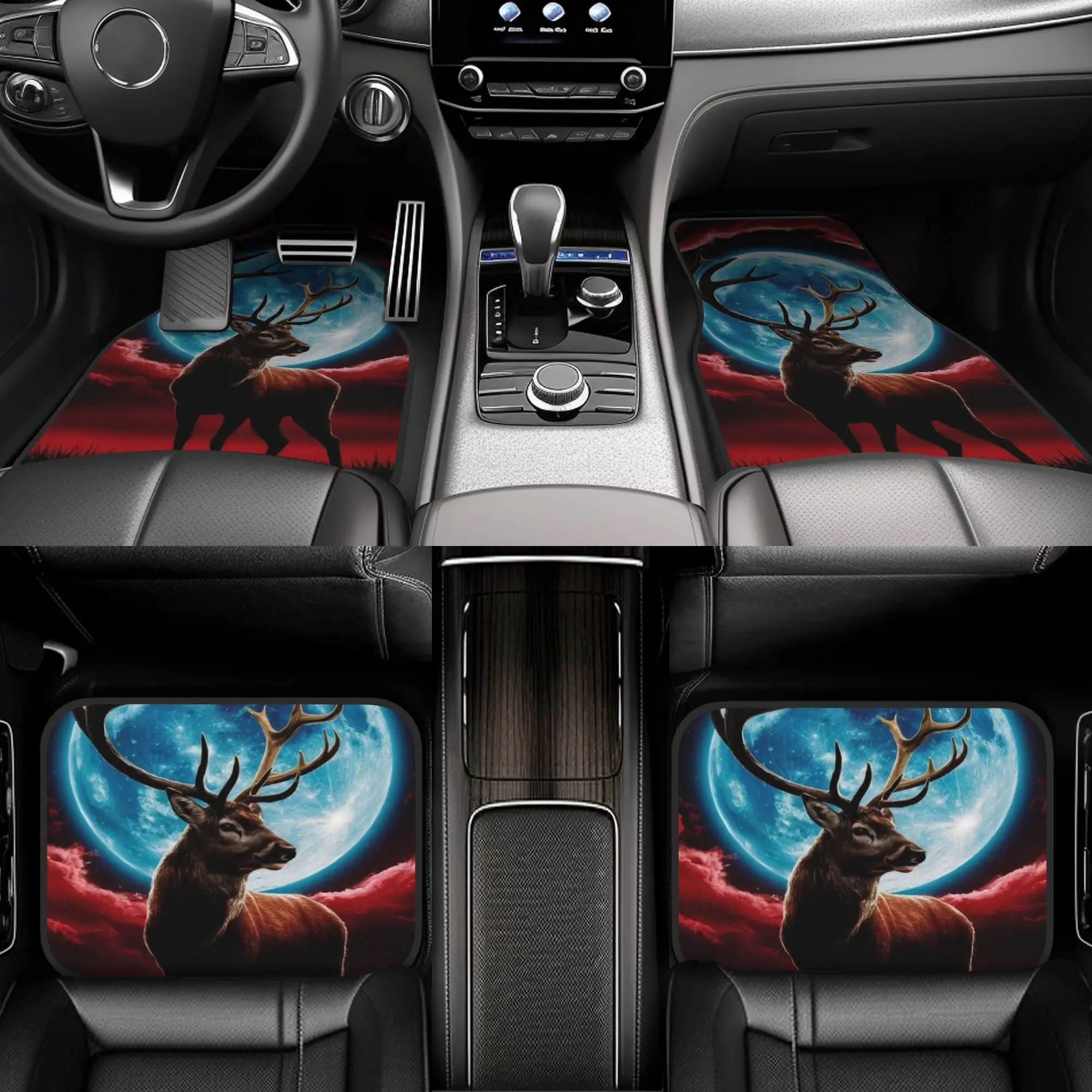 4pcs Moonlit Stag Pattern Car Floor Mats | Polyester, Universal Fit, Enhances Cabin Comfort And Peace Of Mind