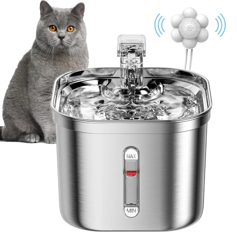 Fuente de acero inoxidable con marca de agua para gatos, dispensador automático de agua, filtro con Sensor, bomba Ultra silenciosa